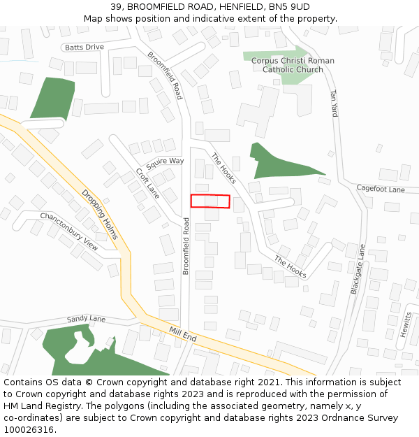 39, BROOMFIELD ROAD, HENFIELD, BN5 9UD: Location map and indicative extent of plot