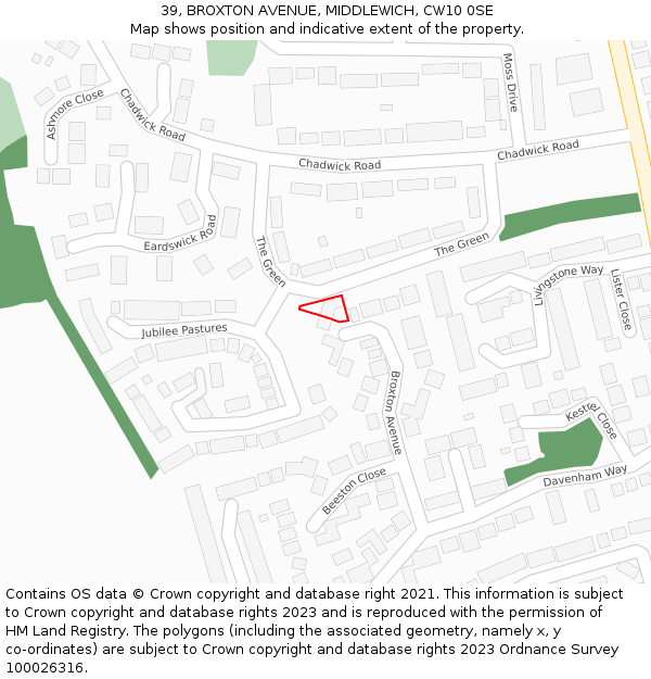 39, BROXTON AVENUE, MIDDLEWICH, CW10 0SE: Location map and indicative extent of plot