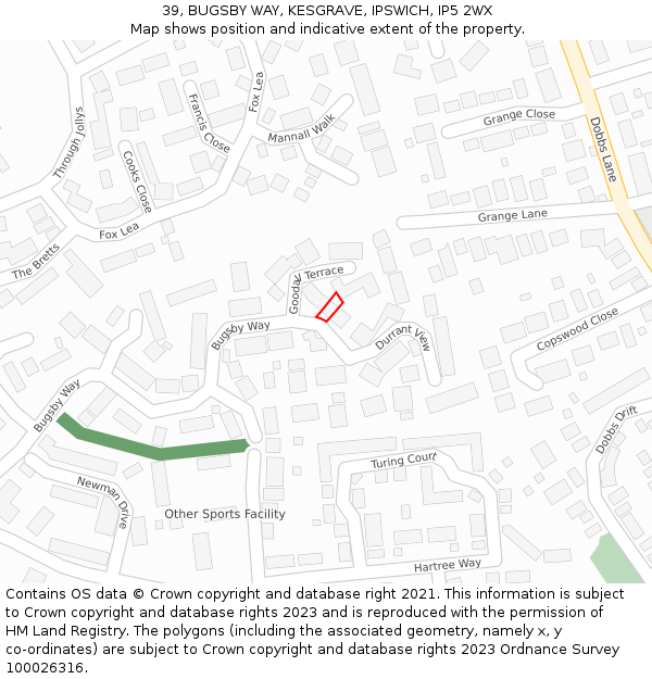 39, BUGSBY WAY, KESGRAVE, IPSWICH, IP5 2WX: Location map and indicative extent of plot