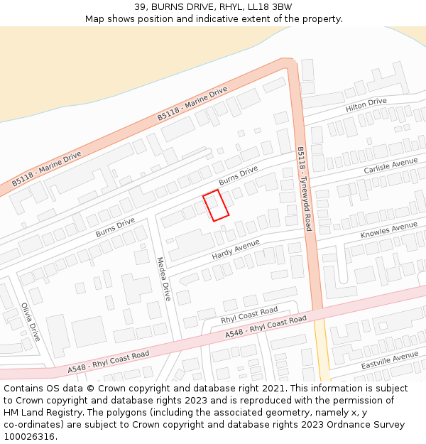 39, BURNS DRIVE, RHYL, LL18 3BW: Location map and indicative extent of plot