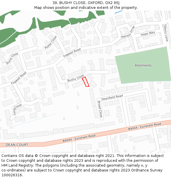 39, BUSHY CLOSE, OXFORD, OX2 9SJ: Location map and indicative extent of plot