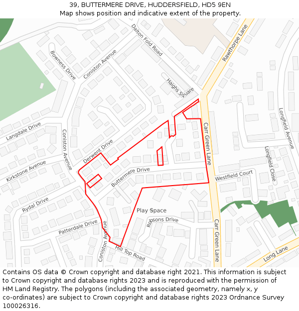 39, BUTTERMERE DRIVE, HUDDERSFIELD, HD5 9EN: Location map and indicative extent of plot