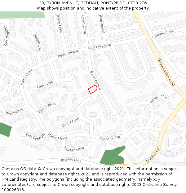 39, BYRON AVENUE, BEDDAU, PONTYPRIDD, CF38 2TW: Location map and indicative extent of plot