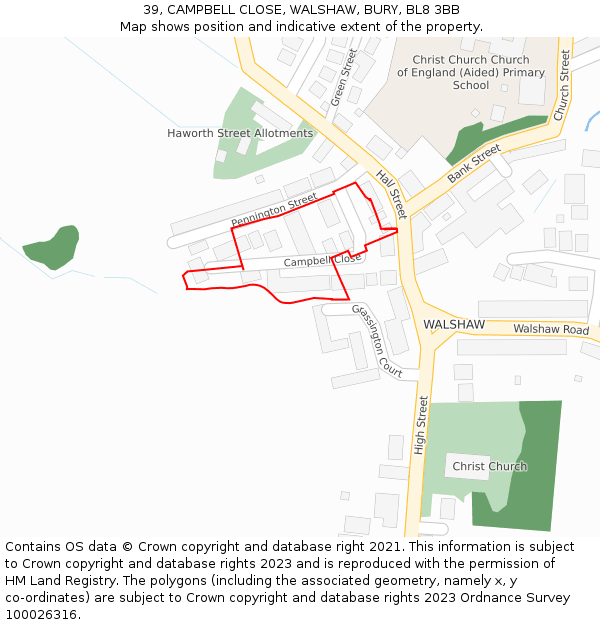 39, CAMPBELL CLOSE, WALSHAW, BURY, BL8 3BB: Location map and indicative extent of plot