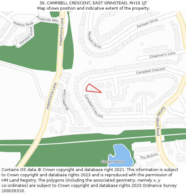 39, CAMPBELL CRESCENT, EAST GRINSTEAD, RH19 1JT: Location map and indicative extent of plot