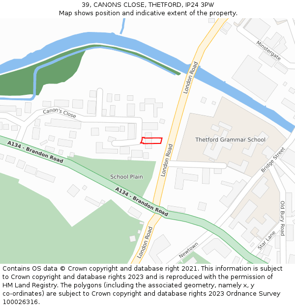 39, CANONS CLOSE, THETFORD, IP24 3PW: Location map and indicative extent of plot