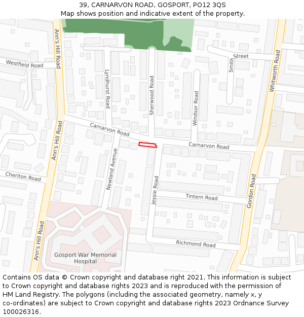 39, CARNARVON ROAD, GOSPORT, PO12 3QS: Location map and indicative extent of plot