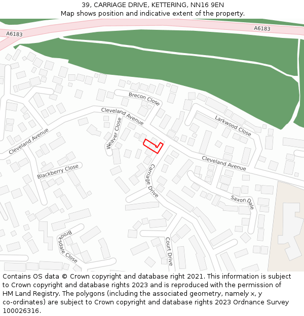 39, CARRIAGE DRIVE, KETTERING, NN16 9EN: Location map and indicative extent of plot