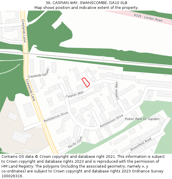 39, CASPIAN WAY, SWANSCOMBE, DA10 0LB: Location map and indicative extent of plot