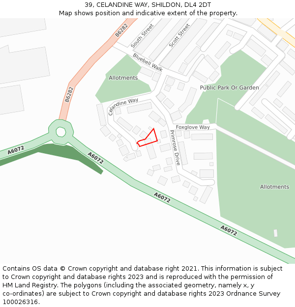 39, CELANDINE WAY, SHILDON, DL4 2DT: Location map and indicative extent of plot