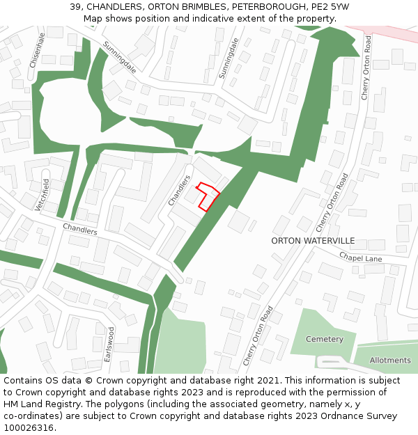 39, CHANDLERS, ORTON BRIMBLES, PETERBOROUGH, PE2 5YW: Location map and indicative extent of plot