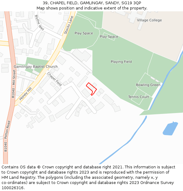 39, CHAPEL FIELD, GAMLINGAY, SANDY, SG19 3QP: Location map and indicative extent of plot