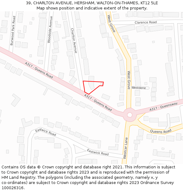 39, CHARLTON AVENUE, HERSHAM, WALTON-ON-THAMES, KT12 5LE: Location map and indicative extent of plot