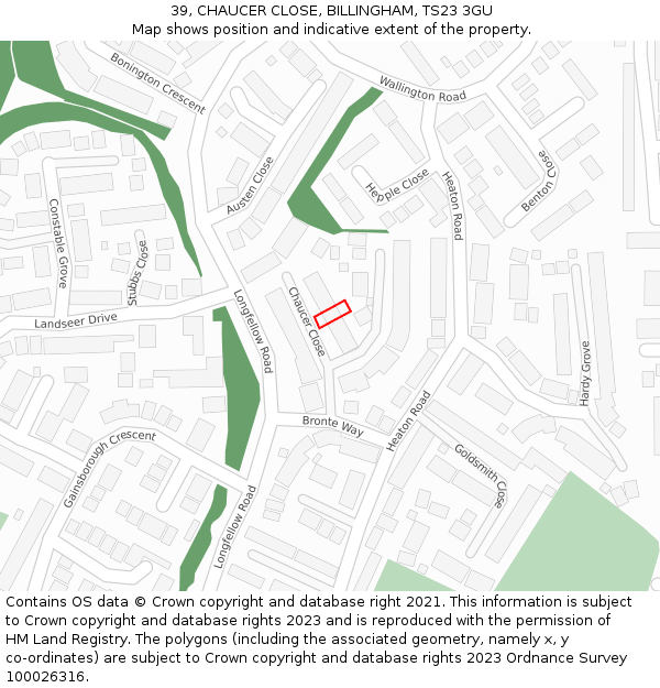 39, CHAUCER CLOSE, BILLINGHAM, TS23 3GU: Location map and indicative extent of plot