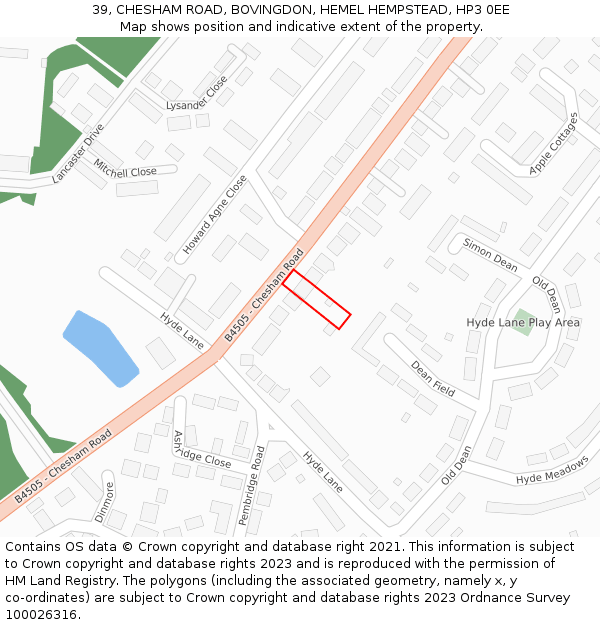 39, CHESHAM ROAD, BOVINGDON, HEMEL HEMPSTEAD, HP3 0EE: Location map and indicative extent of plot