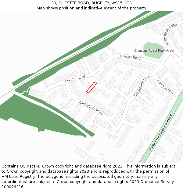 39, CHESTER ROAD, RUGELEY, WS15 1GD: Location map and indicative extent of plot