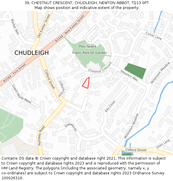39, CHESTNUT CRESCENT, CHUDLEIGH, NEWTON ABBOT, TQ13 0PT: Location map and indicative extent of plot