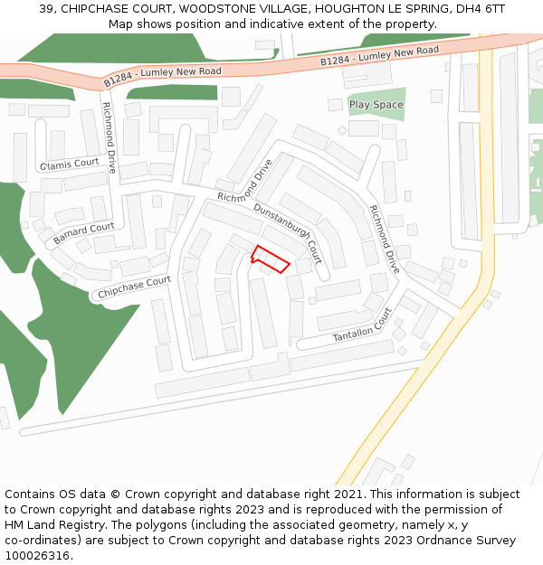 39, CHIPCHASE COURT, WOODSTONE VILLAGE, HOUGHTON LE SPRING, DH4 6TT: Location map and indicative extent of plot