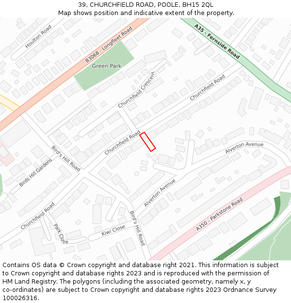 39, CHURCHFIELD ROAD, POOLE, BH15 2QL: Location map and indicative extent of plot