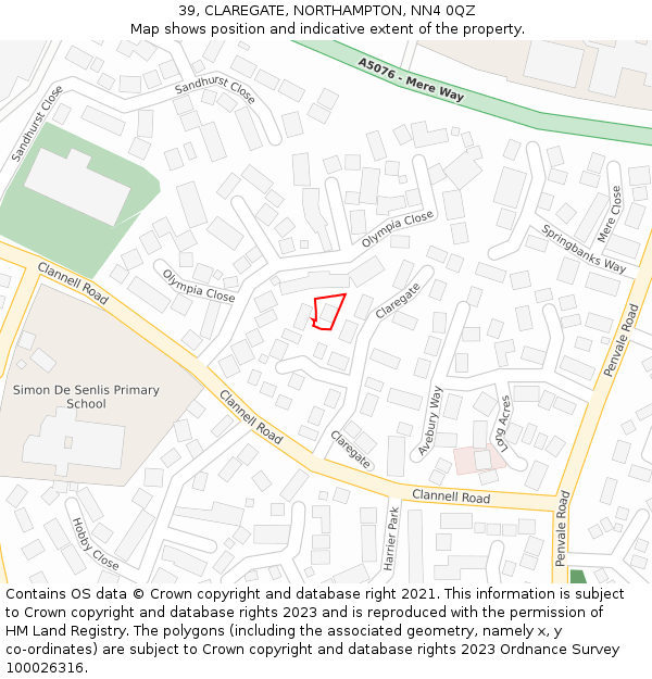 39, CLAREGATE, NORTHAMPTON, NN4 0QZ: Location map and indicative extent of plot