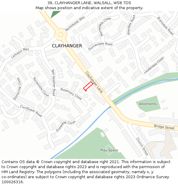 39, CLAYHANGER LANE, WALSALL, WS8 7DS: Location map and indicative extent of plot