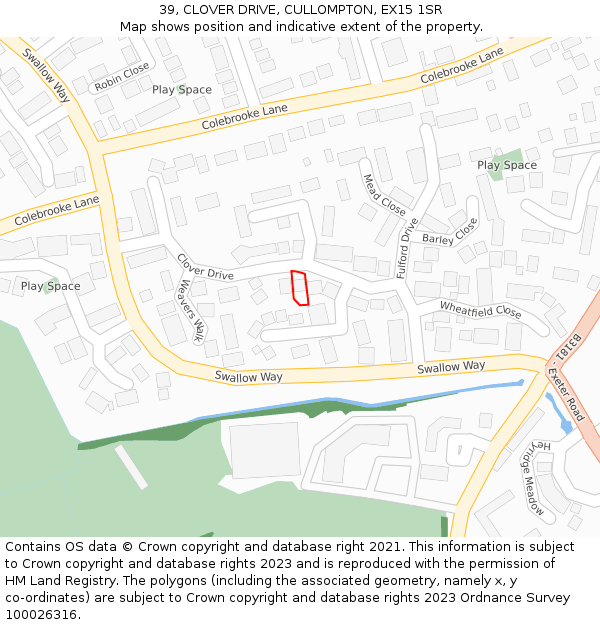39, CLOVER DRIVE, CULLOMPTON, EX15 1SR: Location map and indicative extent of plot