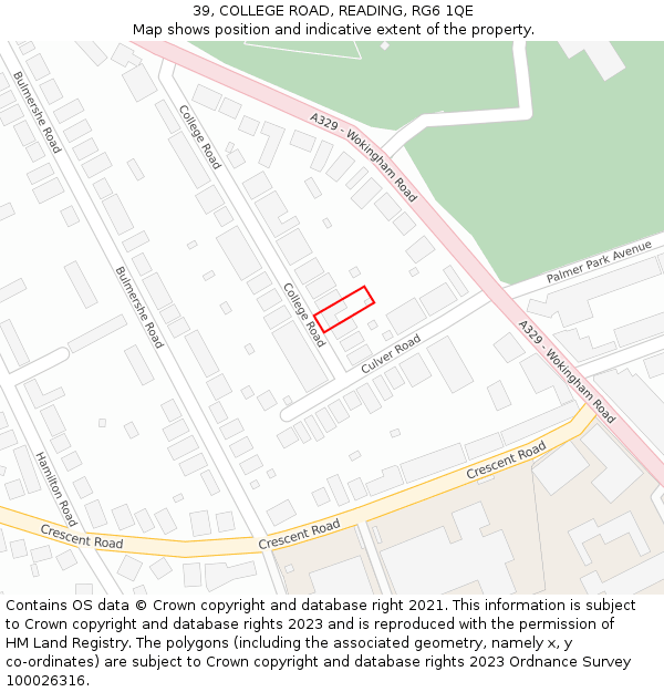 39, COLLEGE ROAD, READING, RG6 1QE: Location map and indicative extent of plot