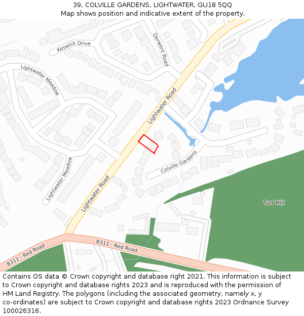 39, COLVILLE GARDENS, LIGHTWATER, GU18 5QQ: Location map and indicative extent of plot