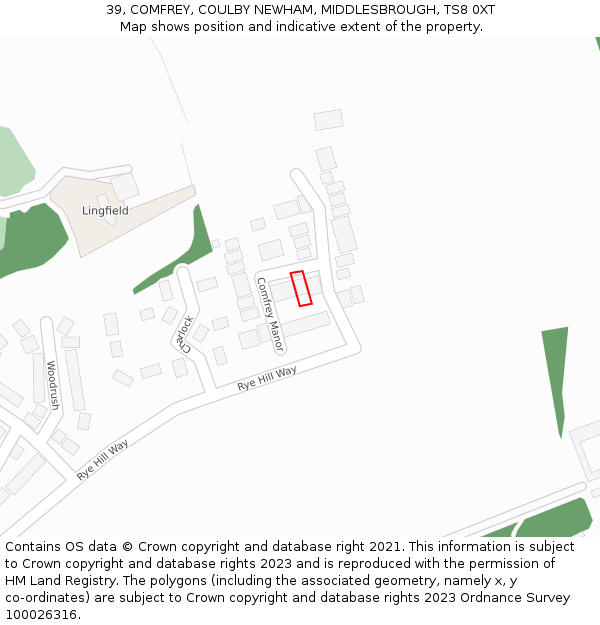 39, COMFREY, COULBY NEWHAM, MIDDLESBROUGH, TS8 0XT: Location map and indicative extent of plot