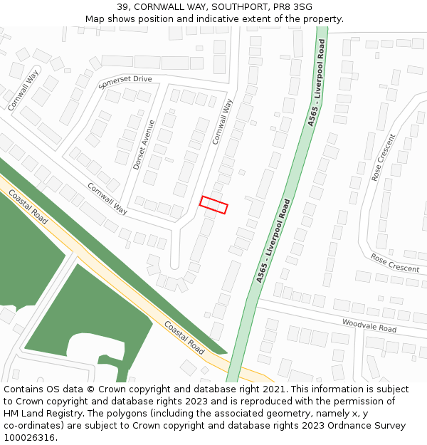 39, CORNWALL WAY, SOUTHPORT, PR8 3SG: Location map and indicative extent of plot