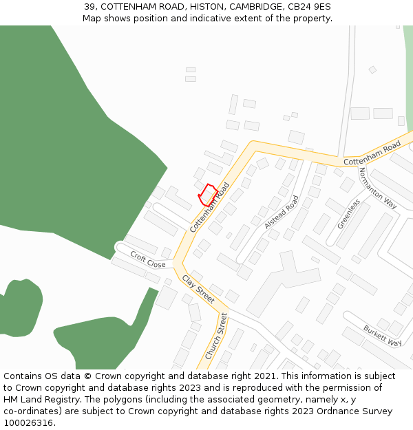 39, COTTENHAM ROAD, HISTON, CAMBRIDGE, CB24 9ES: Location map and indicative extent of plot