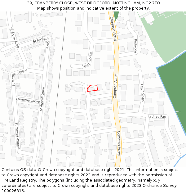 39, CRANBERRY CLOSE, WEST BRIDGFORD, NOTTINGHAM, NG2 7TQ: Location map and indicative extent of plot