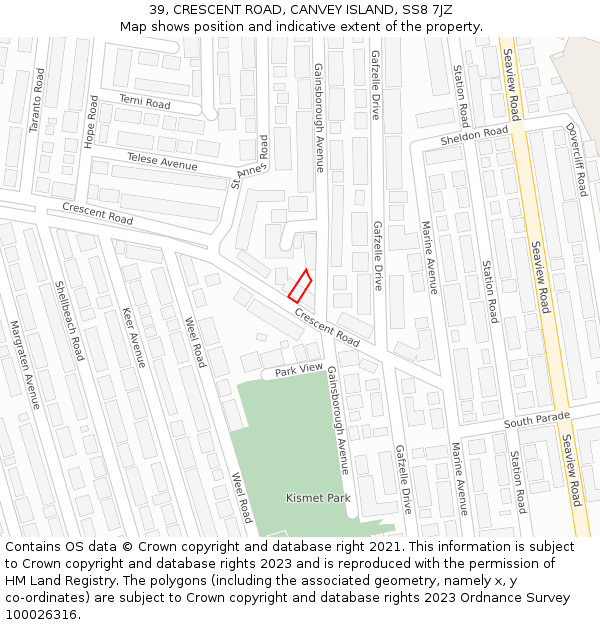 39, CRESCENT ROAD, CANVEY ISLAND, SS8 7JZ: Location map and indicative extent of plot