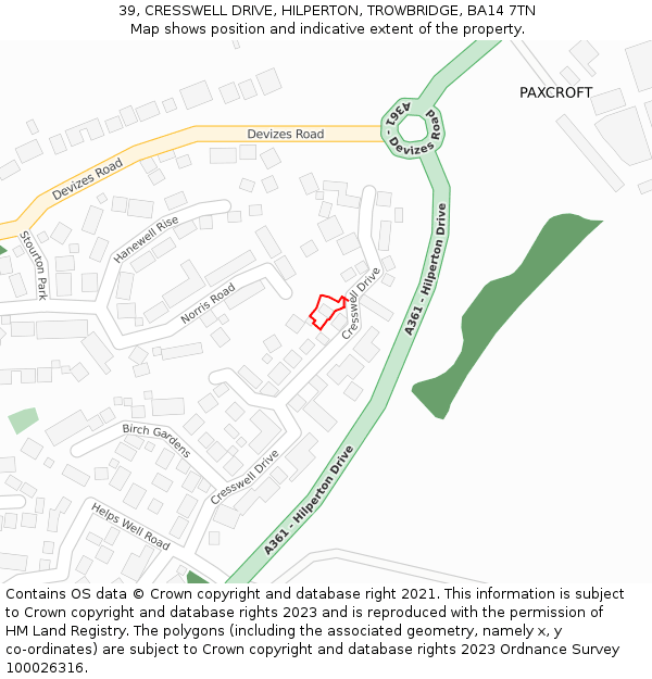 39, CRESSWELL DRIVE, HILPERTON, TROWBRIDGE, BA14 7TN: Location map and indicative extent of plot