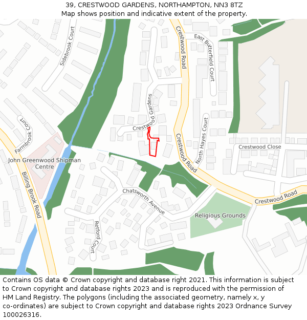 39, CRESTWOOD GARDENS, NORTHAMPTON, NN3 8TZ: Location map and indicative extent of plot