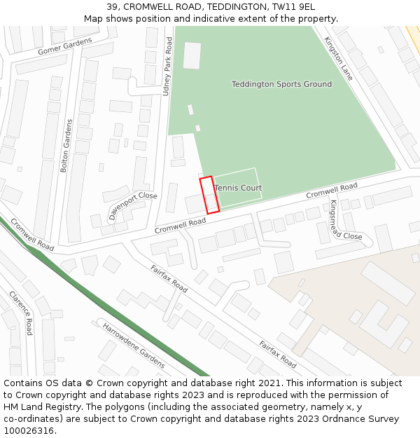 39, CROMWELL ROAD, TEDDINGTON, TW11 9EL: Location map and indicative extent of plot