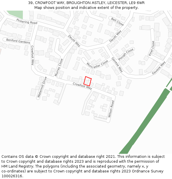 39, CROWFOOT WAY, BROUGHTON ASTLEY, LEICESTER, LE9 6WR: Location map and indicative extent of plot