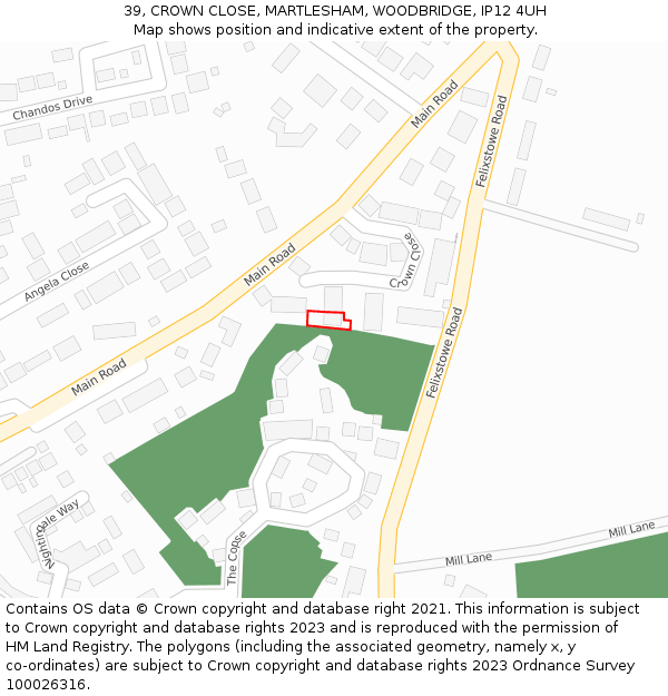 39, CROWN CLOSE, MARTLESHAM, WOODBRIDGE, IP12 4UH: Location map and indicative extent of plot