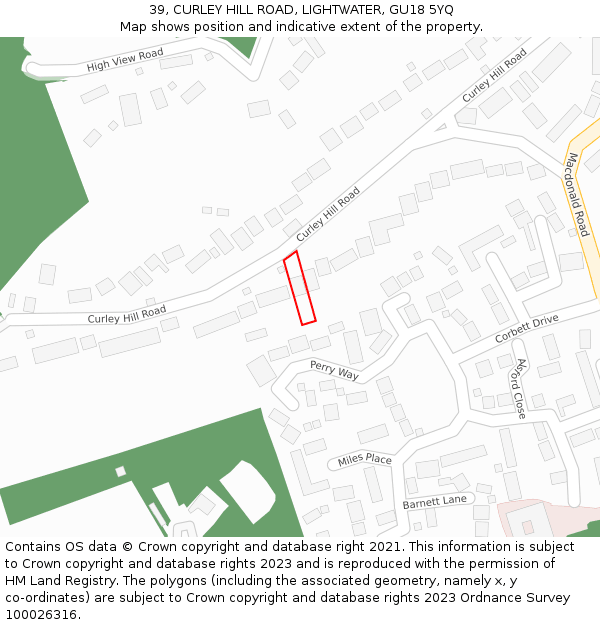 39, CURLEY HILL ROAD, LIGHTWATER, GU18 5YQ: Location map and indicative extent of plot