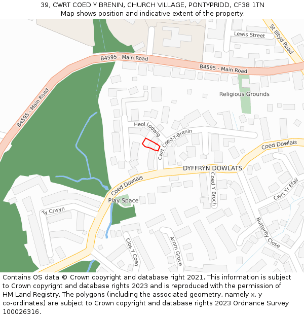 39, CWRT COED Y BRENIN, CHURCH VILLAGE, PONTYPRIDD, CF38 1TN: Location map and indicative extent of plot