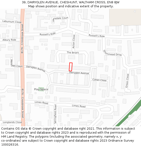 39, DAIRYGLEN AVENUE, CHESHUNT, WALTHAM CROSS, EN8 8JW: Location map and indicative extent of plot