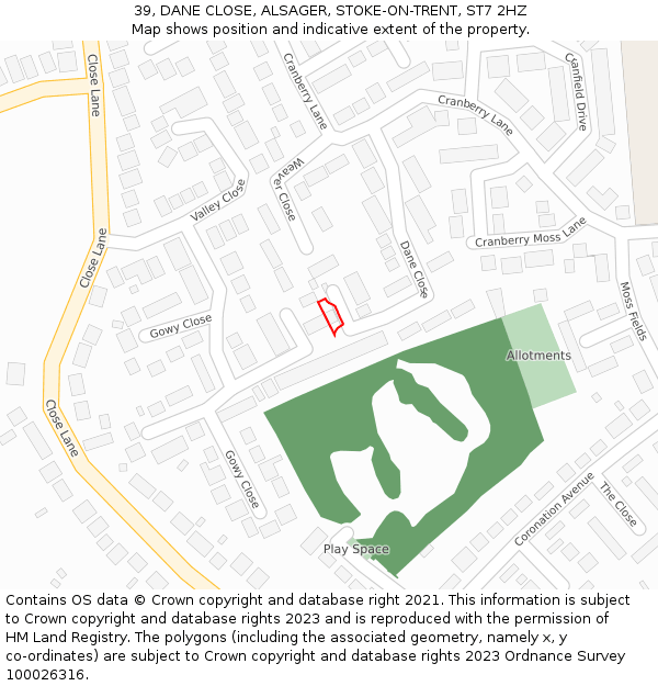 39, DANE CLOSE, ALSAGER, STOKE-ON-TRENT, ST7 2HZ: Location map and indicative extent of plot