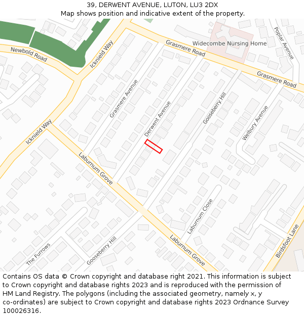 39, DERWENT AVENUE, LUTON, LU3 2DX: Location map and indicative extent of plot