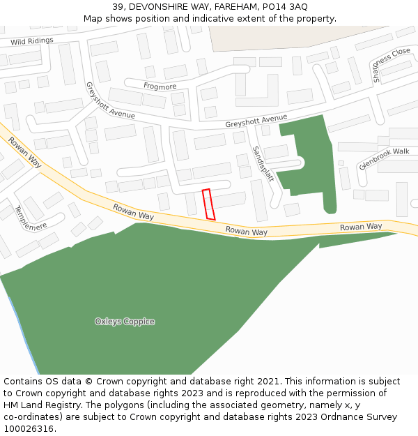 39, DEVONSHIRE WAY, FAREHAM, PO14 3AQ: Location map and indicative extent of plot