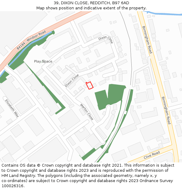 39, DIXON CLOSE, REDDITCH, B97 6AD: Location map and indicative extent of plot