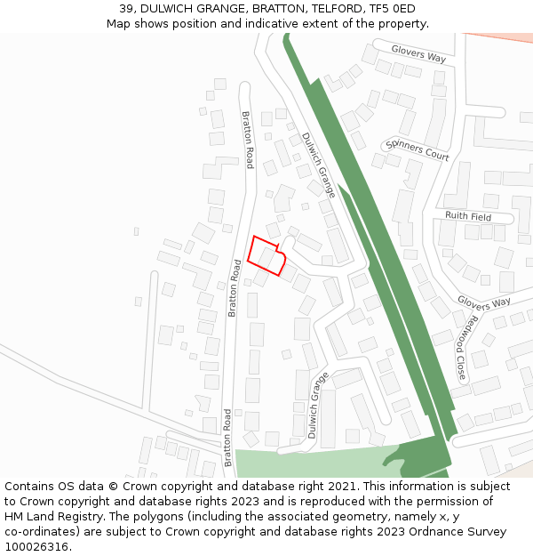 39, DULWICH GRANGE, BRATTON, TELFORD, TF5 0ED: Location map and indicative extent of plot