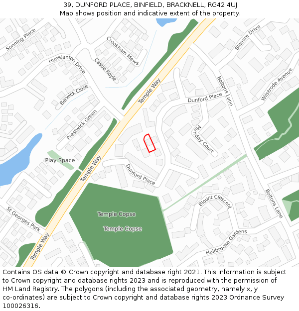 39, DUNFORD PLACE, BINFIELD, BRACKNELL, RG42 4UJ: Location map and indicative extent of plot
