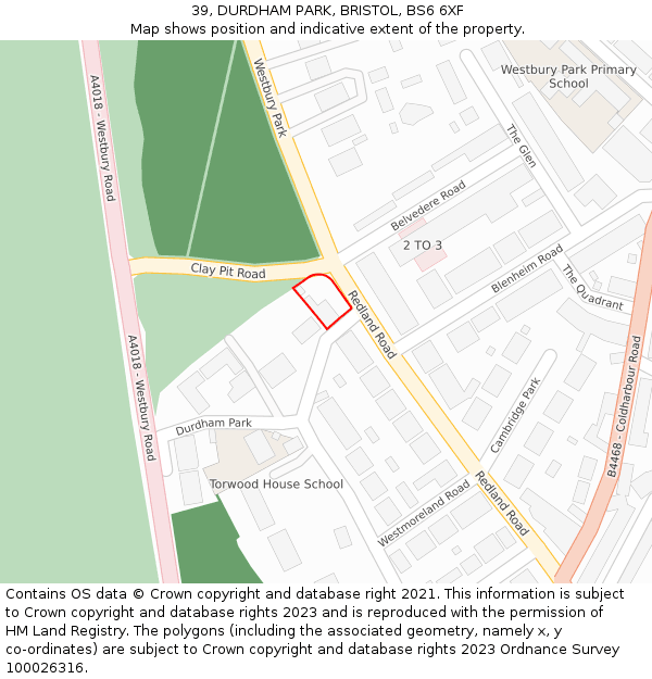 39, DURDHAM PARK, BRISTOL, BS6 6XF: Location map and indicative extent of plot