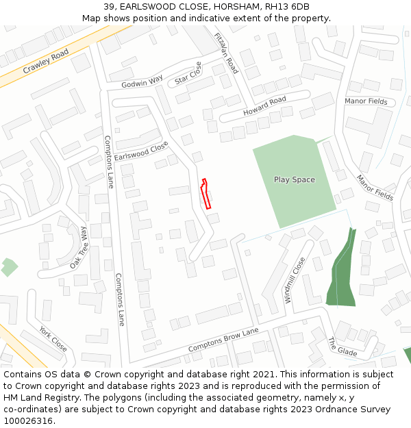 39, EARLSWOOD CLOSE, HORSHAM, RH13 6DB: Location map and indicative extent of plot