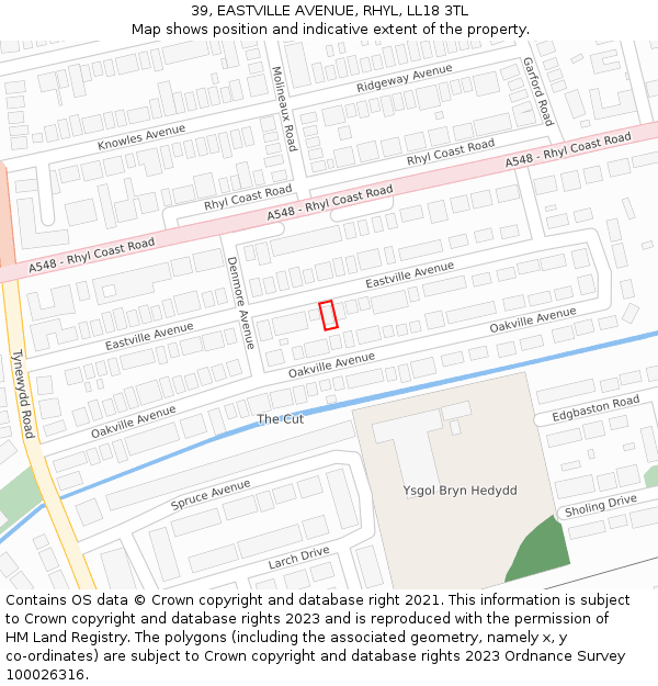 39, EASTVILLE AVENUE, RHYL, LL18 3TL: Location map and indicative extent of plot